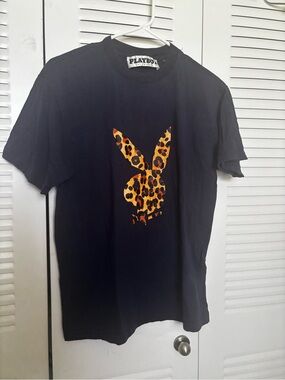 PLAYBOY Black Tee with Leopard Bunny Graphic